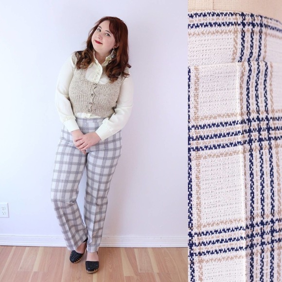 Vintage Pants - Vintage Wide Flare Leg Light Academia Trousers 70s White & Blue Plaid Pants